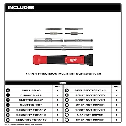 14-in-1 Precision Multi-Bit Screwdriver with bits including Phillips, slotted, security TORX, and various nut drivers.