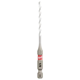1/8" x 2" x 3-1/2" SHOCKWAVE Impact Duty Carbide Multi-Material Drill Bit with silver shank and red labeling, showing bit size.