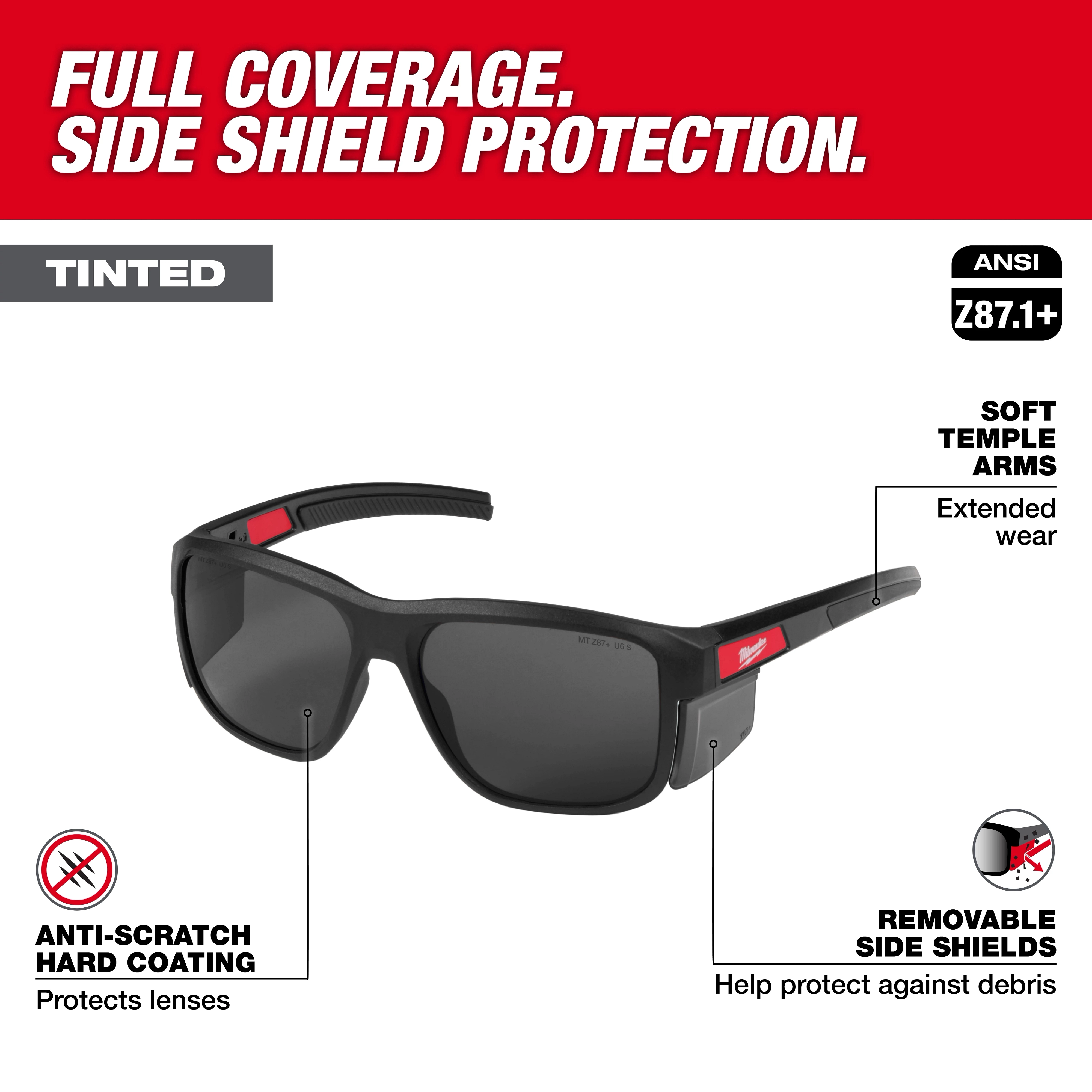 Polarized Full Frame Safety Glasses with Removable Side Shields have mirrored dual coat lenses, soft temple arms, and anti-scratch coating.
