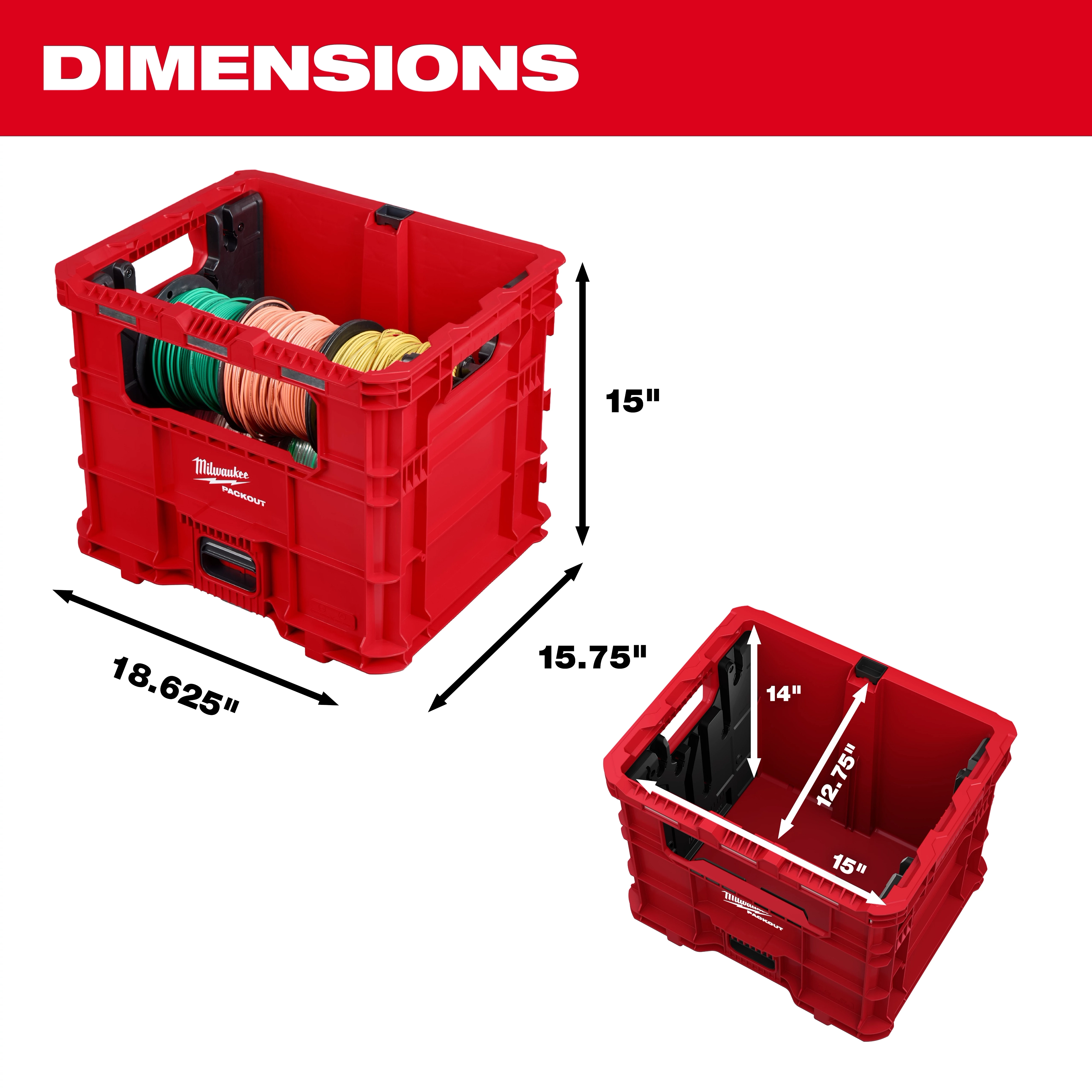 PACKOUT Wire Pulling XL Crate holding coiled wires, shown with external and internal dimensions in inches.