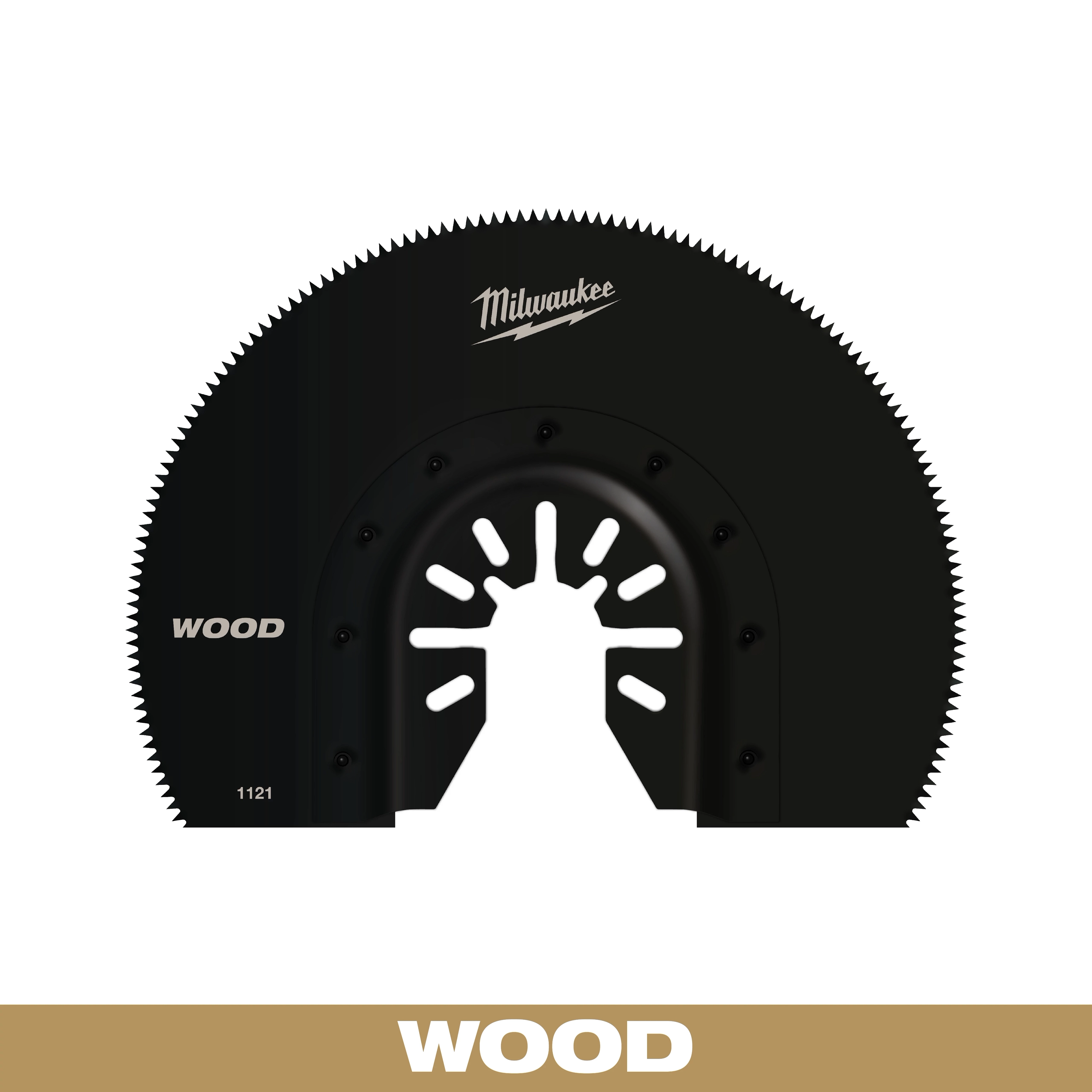 Milwaukee Open-Lok 3-1/2 inch HCS Wood Segmented Multi-Tool Blade features a black, semi-circular design with sharp teeth.