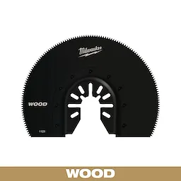 Milwaukee Open-Lok 3-1/2 inch HCS Wood Segmented Multi-Tool Blade features a black, semi-circular design with sharp teeth.