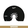Milwaukee Open-Lok 3-1/2 inch HCS Wood Segmented Multi-Tool Blade features a black, semi-circular design with sharp teeth.