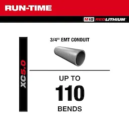 An ad for the M18 FUEL™ Branch Conduit Bender w/ AUTO-ZERO™. It shows a photo of a 3/4" EMT conduit with text stating "Up to 110 bends" in black, bold print. The background includes M18 REDLITHIUM and XC5.0 branding on a white-red gradient.