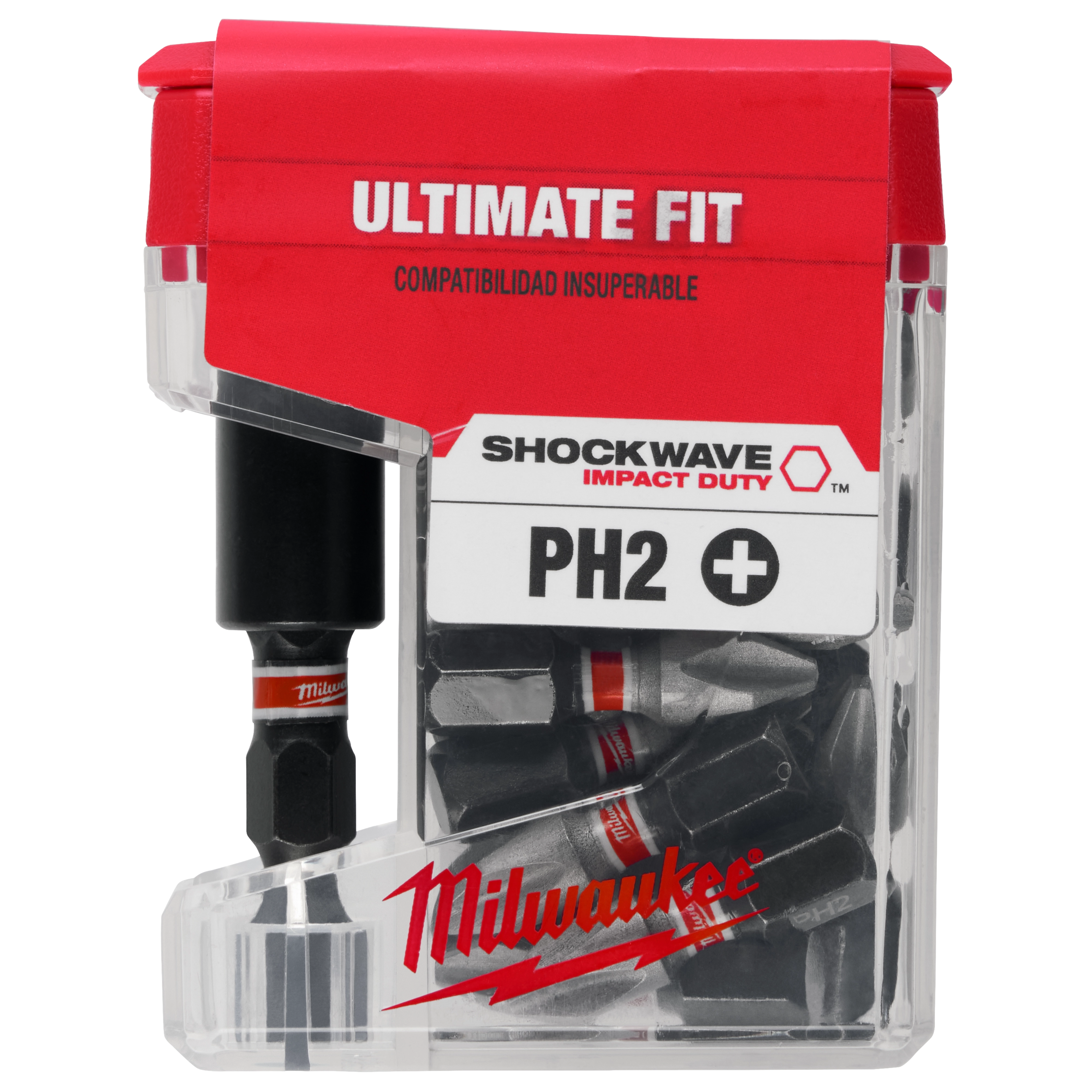 The image shows a package of Milwaukee Shockwave Impact Duty PH2 screwdriver bits. The package is clear with red branding at the top, labeled "ULTIMATE FIT" and includes multiple bits inside. The product is designed for precision and durability.
