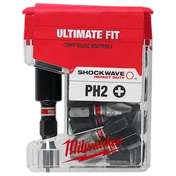 The image shows a package of Milwaukee Shockwave Impact Duty PH2 screwdriver bits. The package is clear with red branding at the top, labeled "ULTIMATE FIT" and includes multiple bits inside. The product is designed for precision and durability.