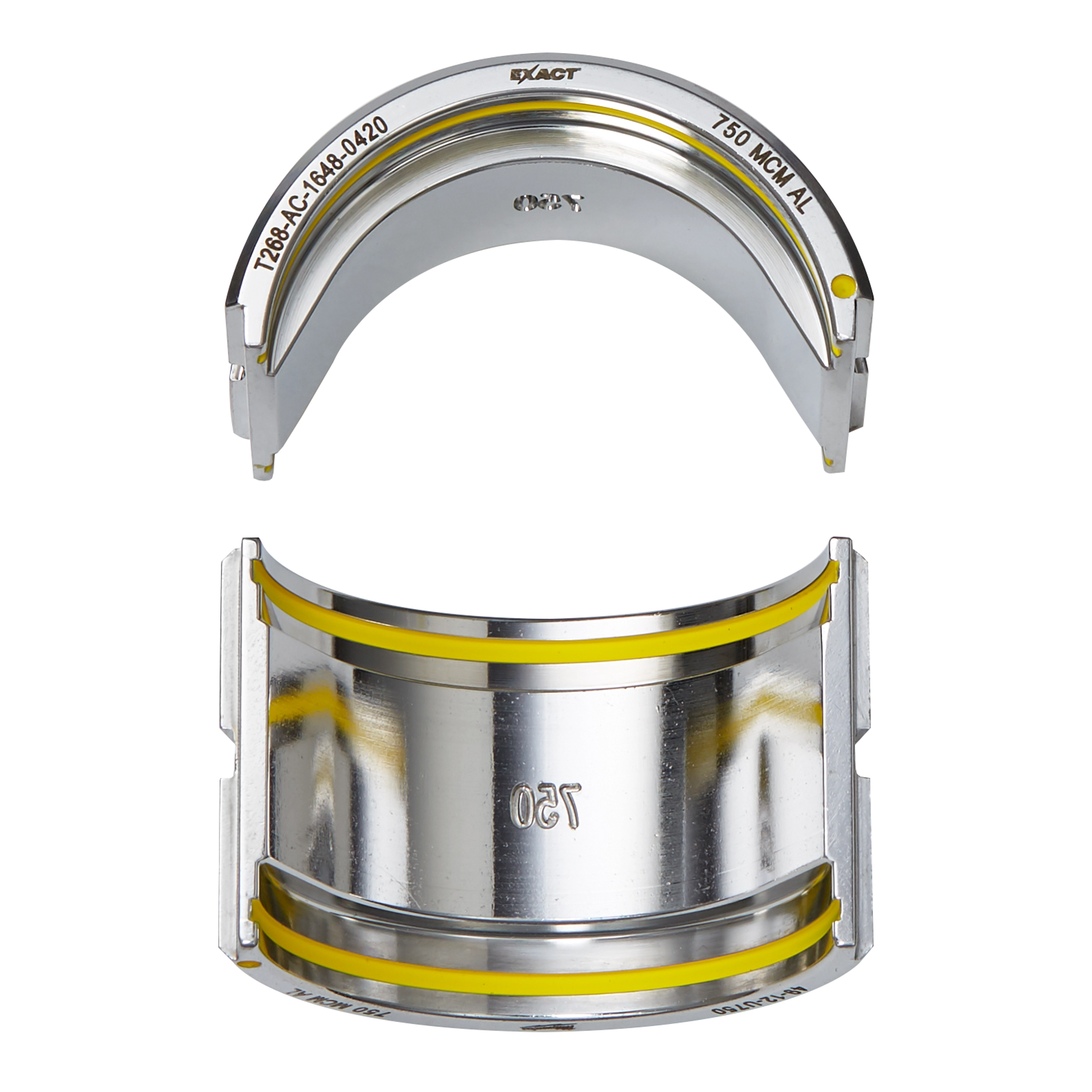 FORCELOGIC™ M18™ 750 MCM Crimper Kit showing two metallic crimping dies with yellow bands for identification. The upper die is semi-circular while the lower die is a full curved piece with "750" marking visible.