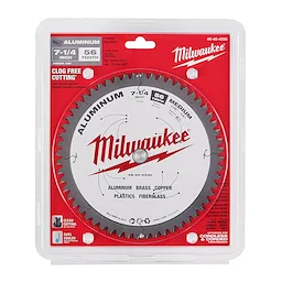 7-1/4” Aluminum Cutting Circular Saw Blade in packaging, featuring 56 teeth for medium cutting of aluminum, brass, copper, plastics, and fiberglass.