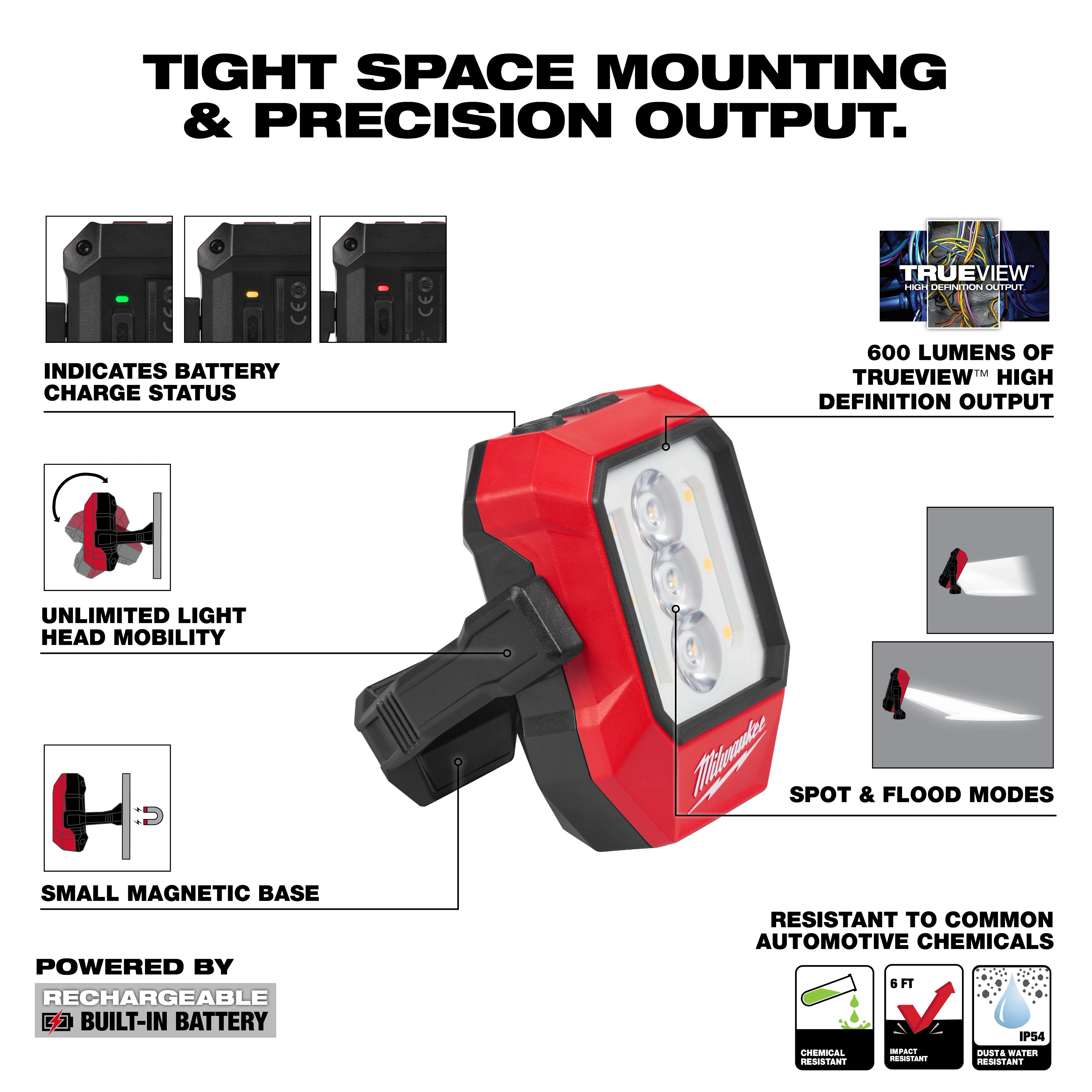 Milwaukee Rechargeable Pivoting Task Light w/ Spot Mode with adjustable head and compact magnetic base.