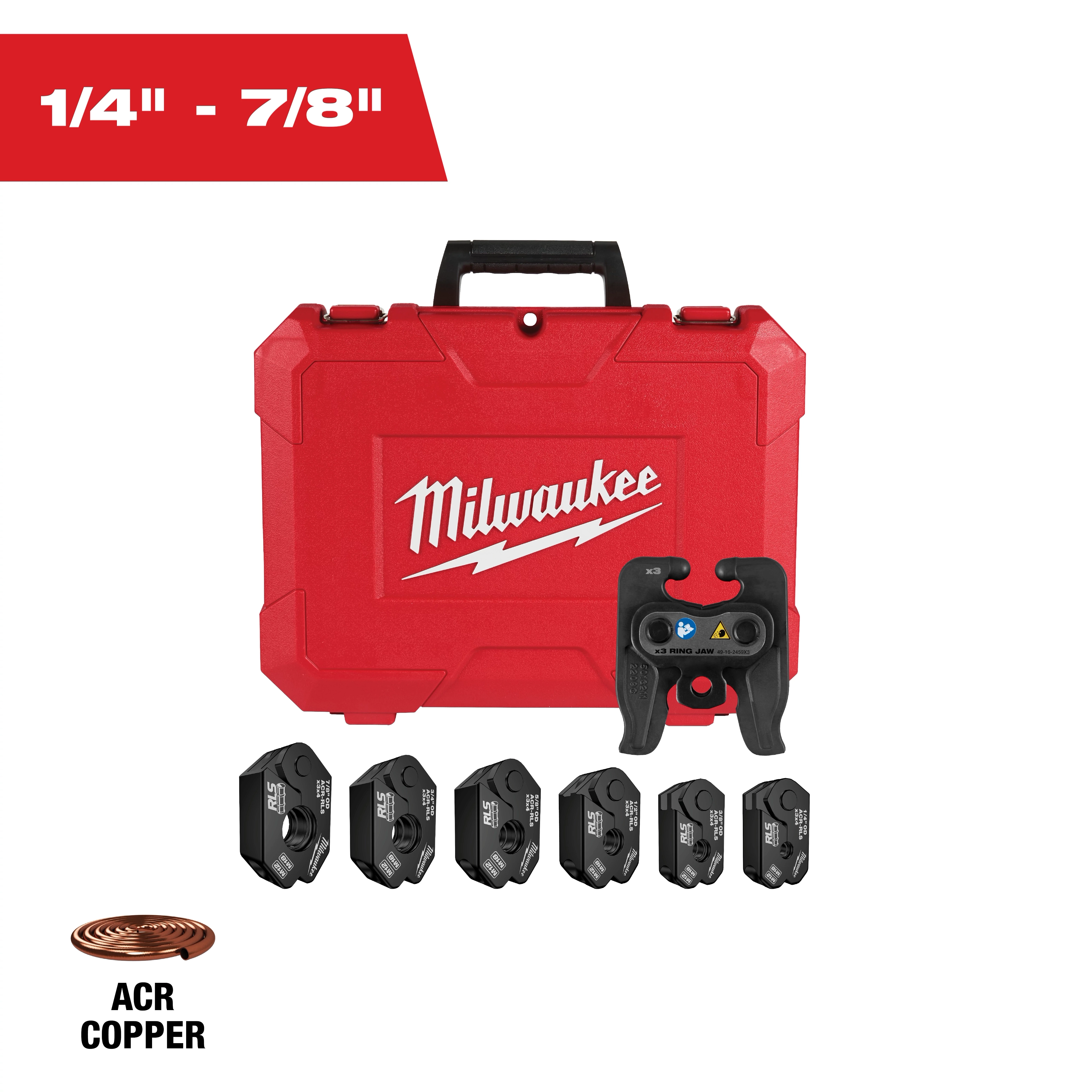 The Milwaukee 1/4" - 7/8" RLS Pivoting Press Ring Kit for M12 FORCE LOGIC Press Tool includes a red carrying case, a pivoting press tool, and six metal press rings. Suitable for ACR copper fittings, it is designed for professional pipe fitting and pressing tasks.