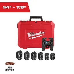 The Milwaukee 1/4" - 7/8" RLS Pivoting Press Ring Kit for M12 FORCE LOGIC Press Tool includes a red carrying case, a pivoting press tool, and six metal press rings. Suitable for ACR copper fittings, it is designed for professional pipe fitting and pressing tasks.