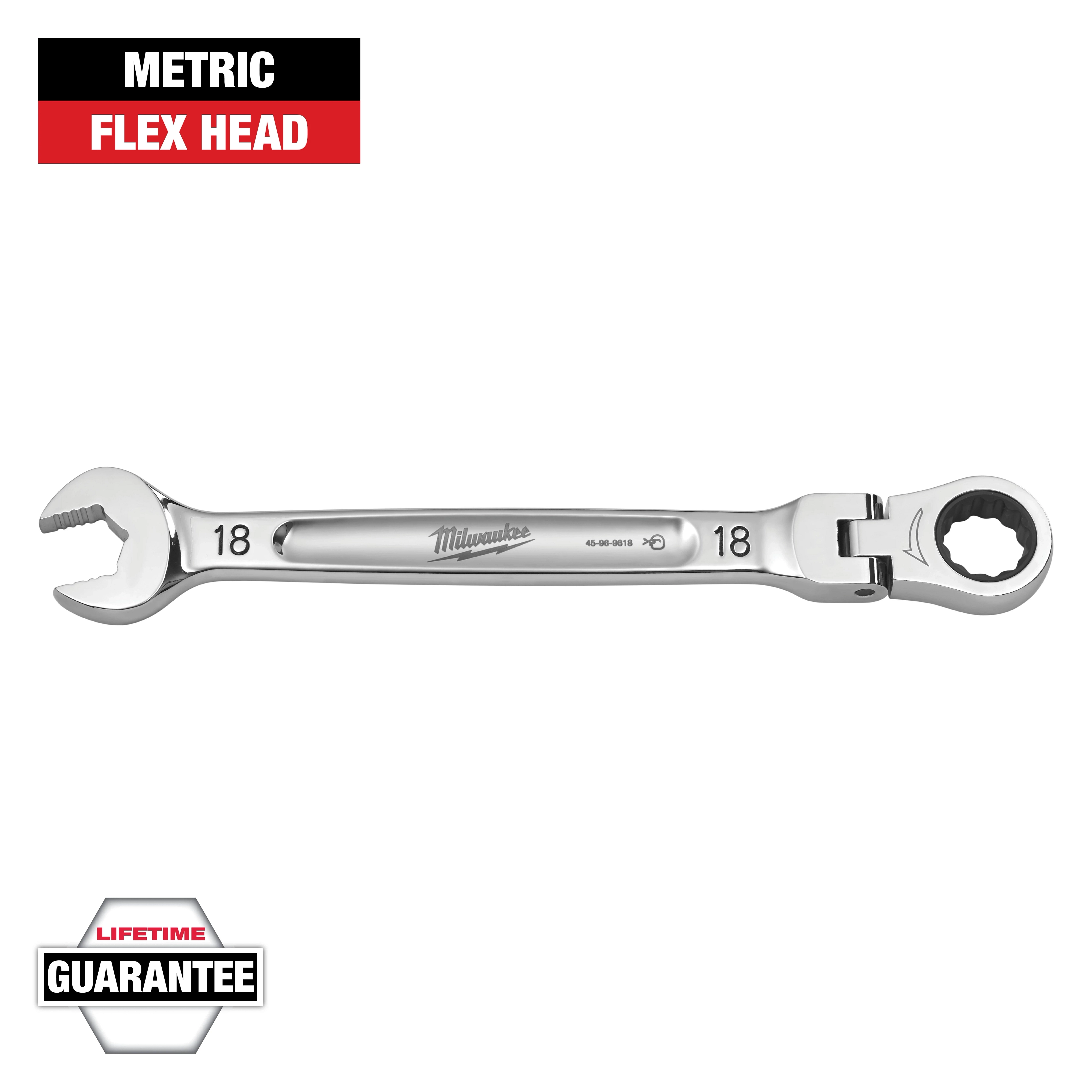 This image shows a Milwaukee 18mm metric flex head wrench. The wrench features both an open and a ratcheting box end. The product is covered by a lifetime guarantee, indicated by a label in the lower left corner.