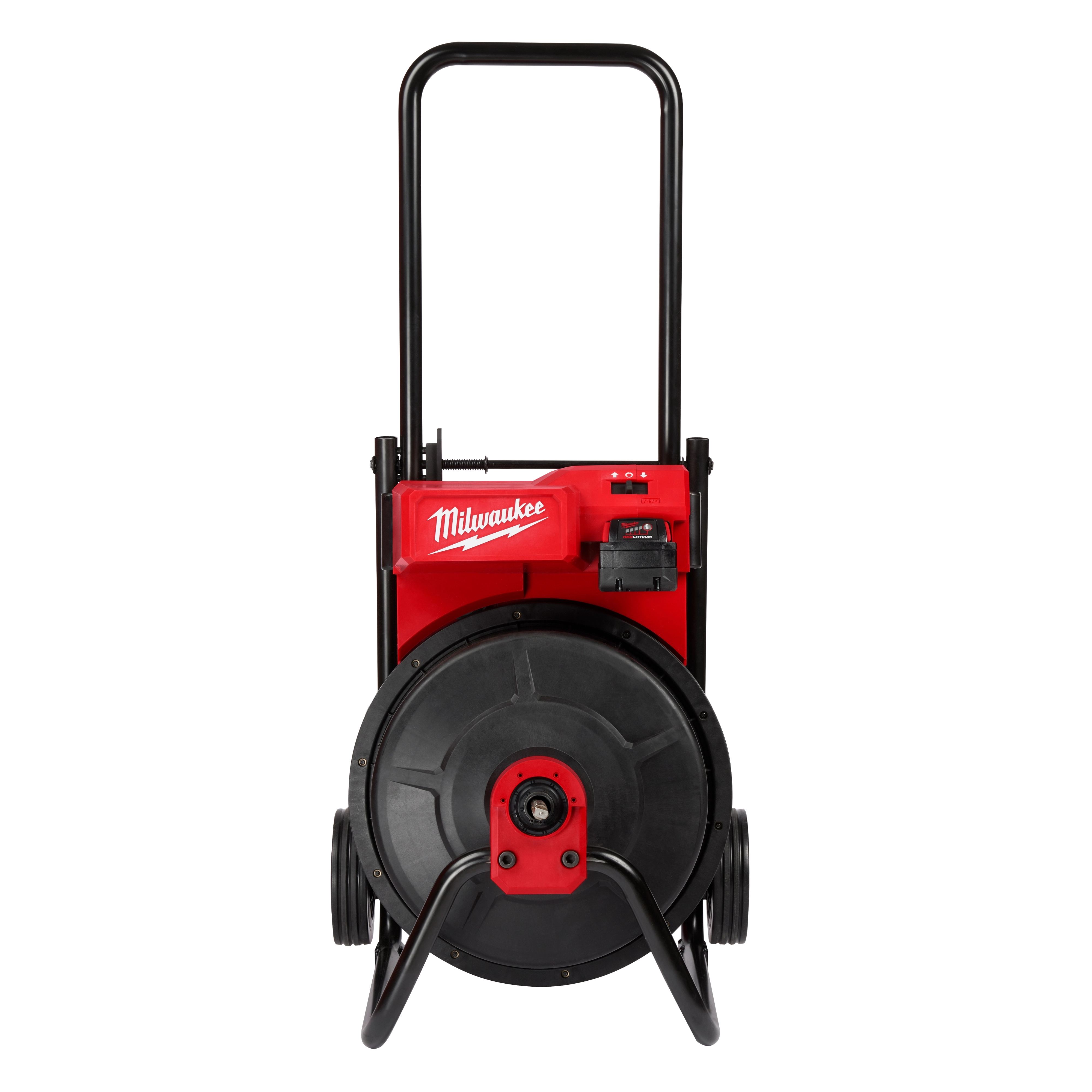 Milwaukee M18 Drum Machine with 3/8" Cable, red and black, features integrated wheels and a durable handle for easy transport.