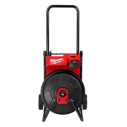 Milwaukee M18 Drum Machine with 3/8" Cable, red and black, features integrated wheels and a durable handle for easy transport.