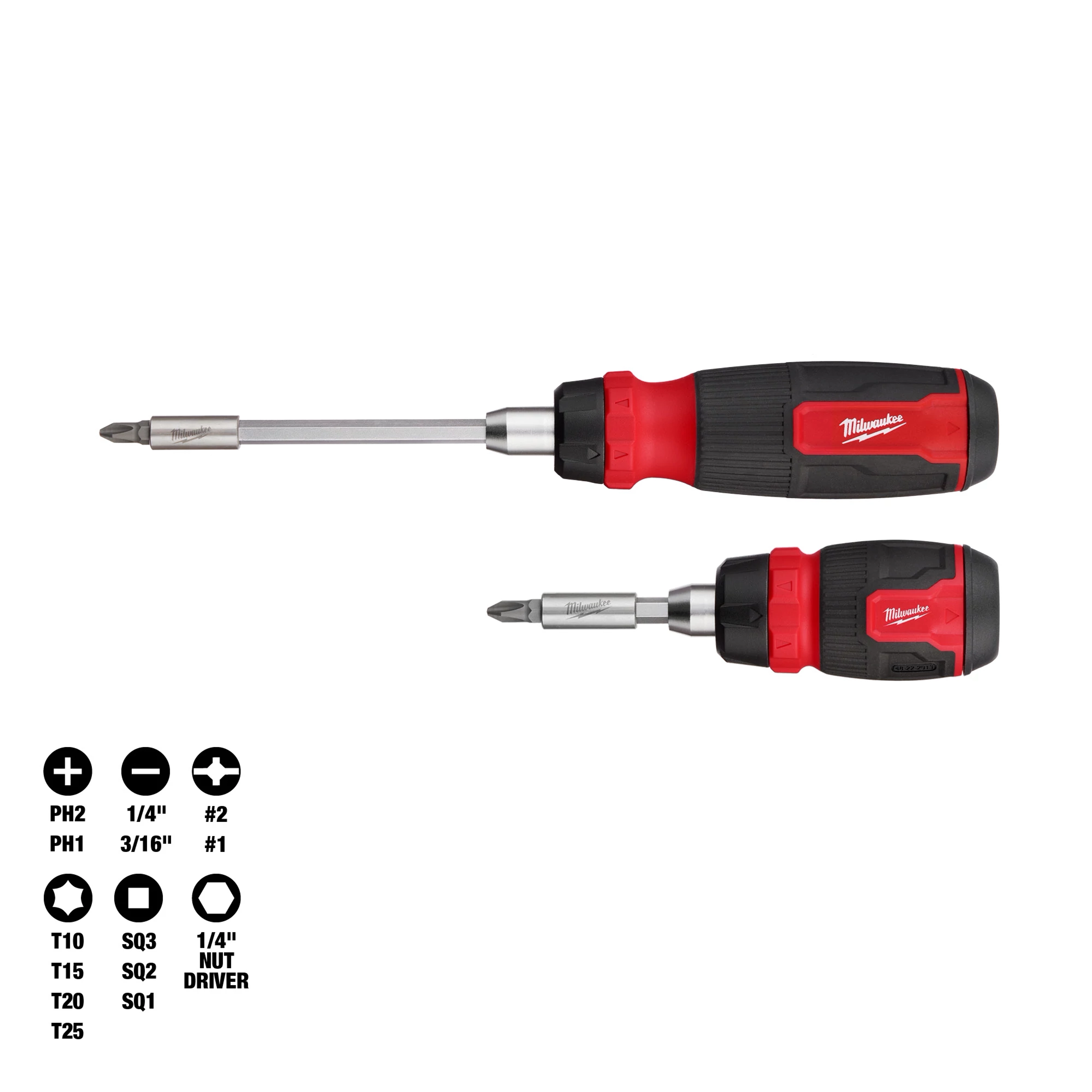 2pc 14-in-1 Ratcheting Multi-Bit and 8-in-1 Ratcheting Compact Multi-bit Screwdriver Set includes two screwdrivers with interchangeable bits.