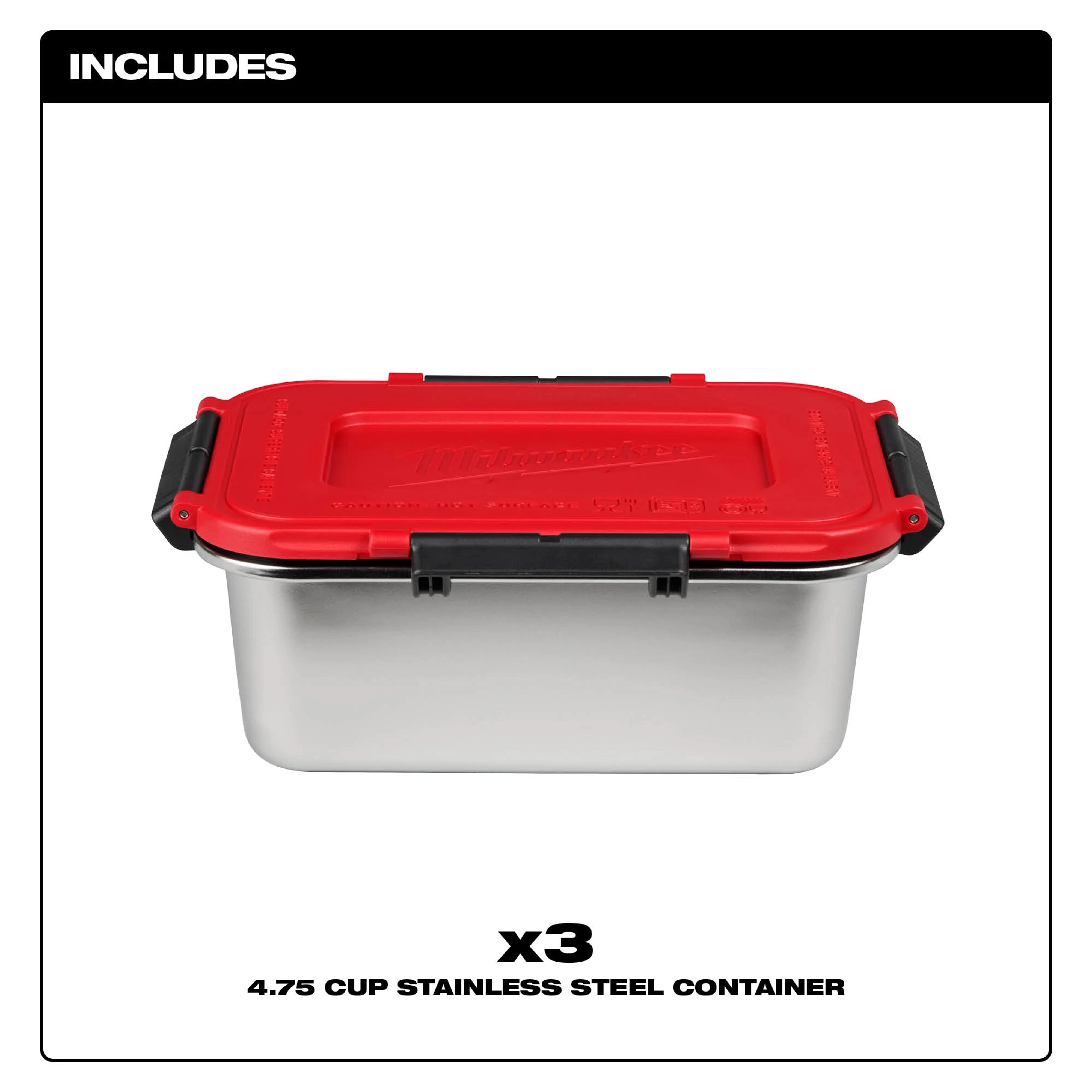 (3) Stainless Steel Containers for M18 Jobsite Lunch Warmer with red-lidded rectangular container centered on white background.