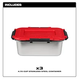 (3) Stainless Steel Containers for M18 Jobsite Lunch Warmer with red-lidded rectangular container centered on white background.