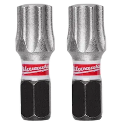 This image shows two SHOCKWAVE™ Impact Duty 1" T45 Insert Bits 2Pk by Milwaukee. They have a metallic finish with red bands and black hexagonal bases.