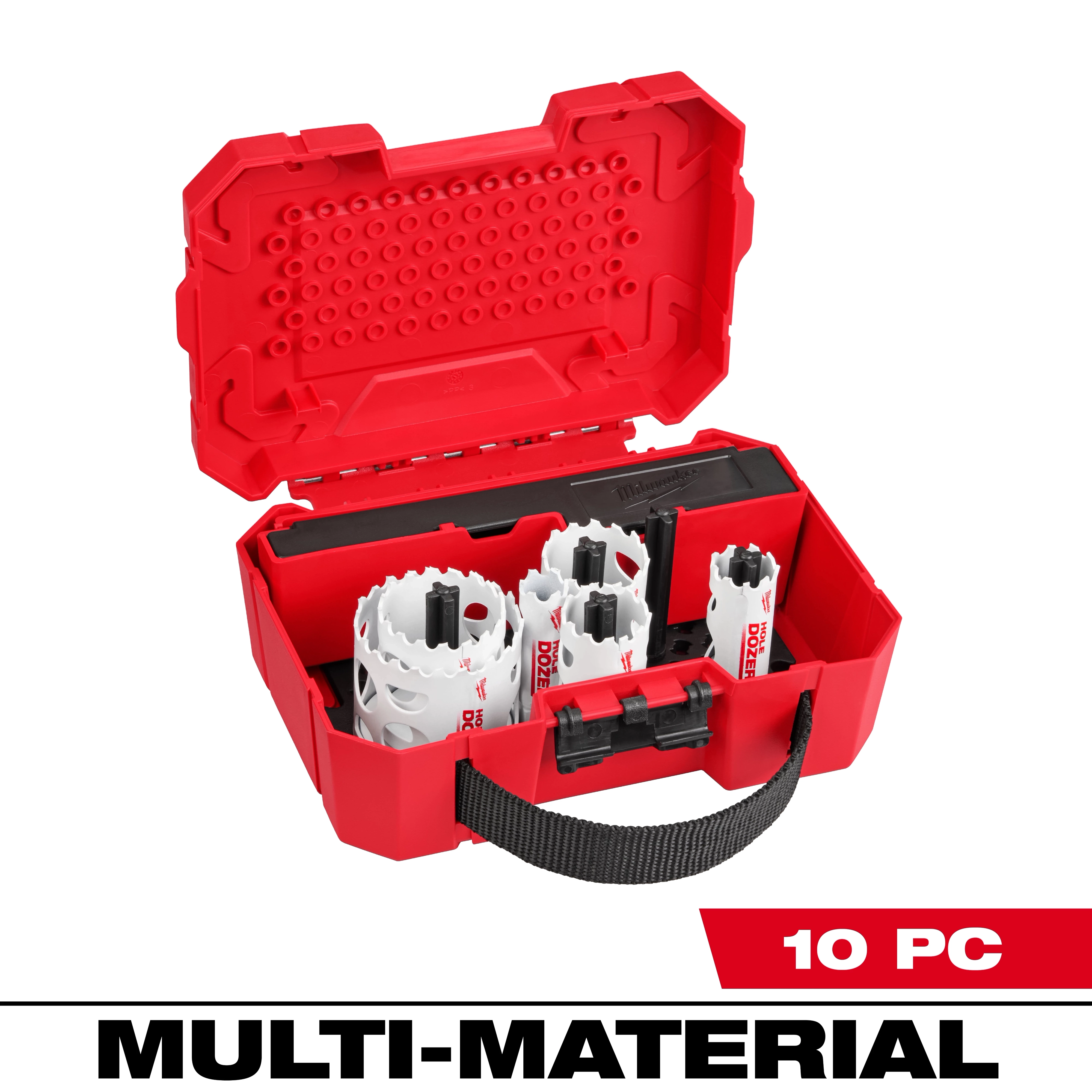 A red plastic case containing a 10-piece multi-material hole saw kit is open, revealing multiple hole saws of different sizes and a handle on the front. Text at the bottom reads "10 PC MULTI-MATERIAL."