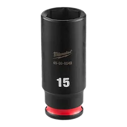 SHOCKWAVE Impact Duty 1/4" Drive 15MM Deep Impact Socket by Milwaukee in black with red accents and the number 15 printed on it.