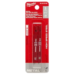 Package of 2-3/4" 24TPI U-Shank Metal High Speed Steel Jig Saw Blades 5PK, featuring five red blades for cutting metal.
