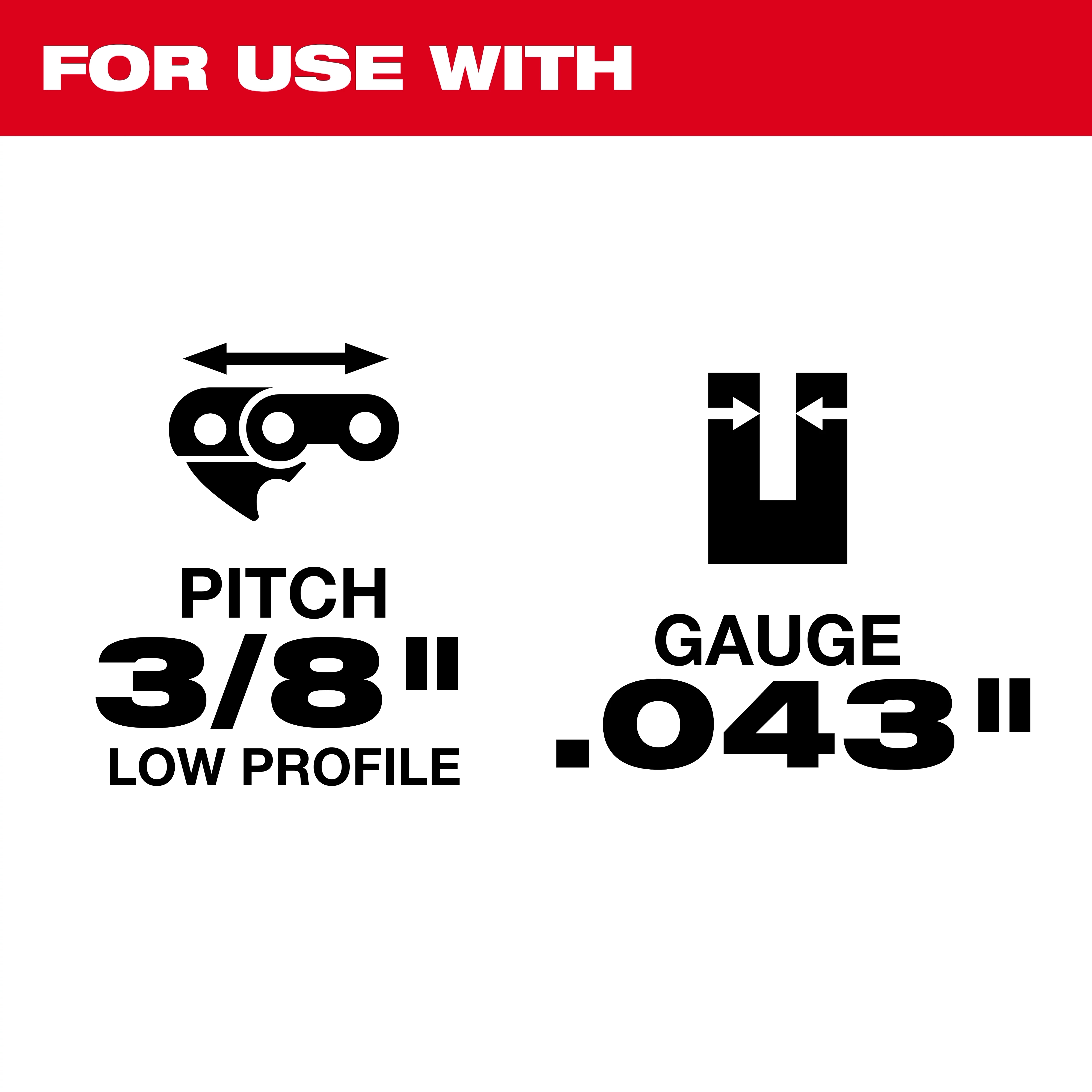 11/64” Round File for Saw Chain 6 PK is designed for use with saw chains that have a 3/8” low profile pitch and a .043” gauge. The image highlights these specifications with text and icons, ensuring compatibility information is clear for users.