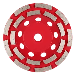 Image of a 5" DIAMOND MAX™ Double Row Diamond Cup Wheel. The wheel is red with grey diamond segments arranged in two rows on the outer edge, and multiple circular holes near the center.