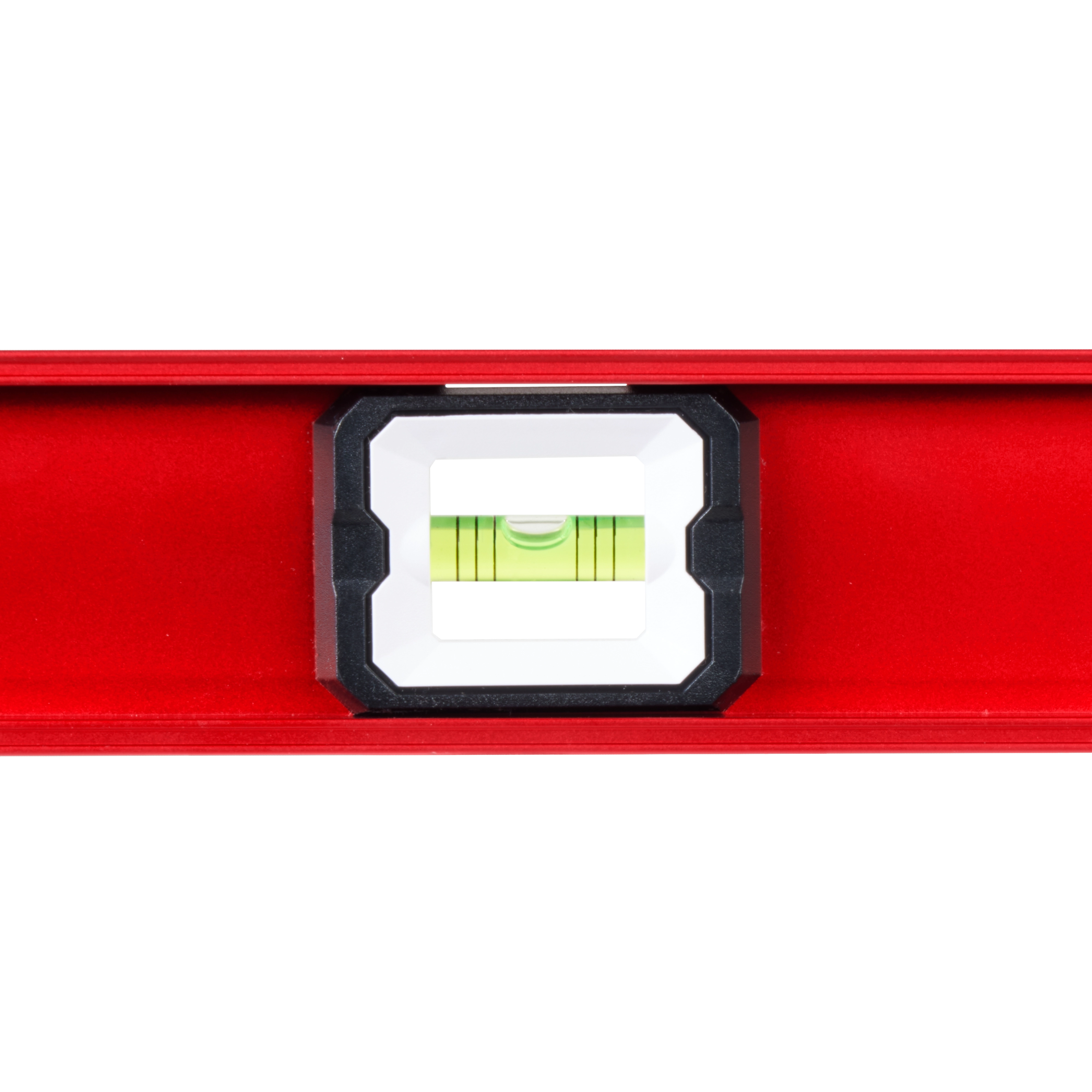 Close-up of the Milwaukee 24" Magnetic I-Beam Level showing the central bubble vial with green liquid and black markings.
