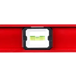 Close-up of the Milwaukee 24" Magnetic I-Beam Level showing the central bubble vial with green liquid and black markings.