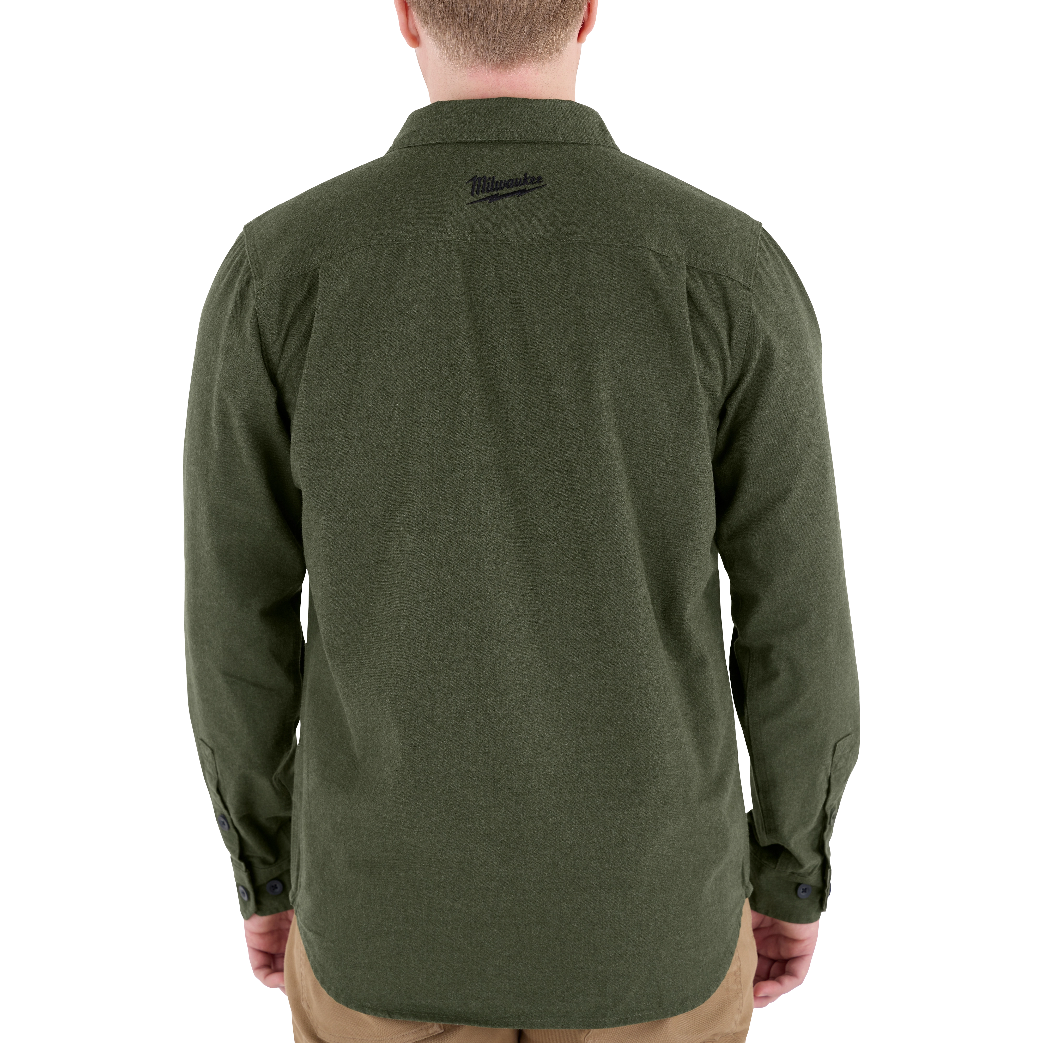 Back view of a person wearing a forest green GRIDIRON Flannel Shirt, displaying a black logo on the upper back.