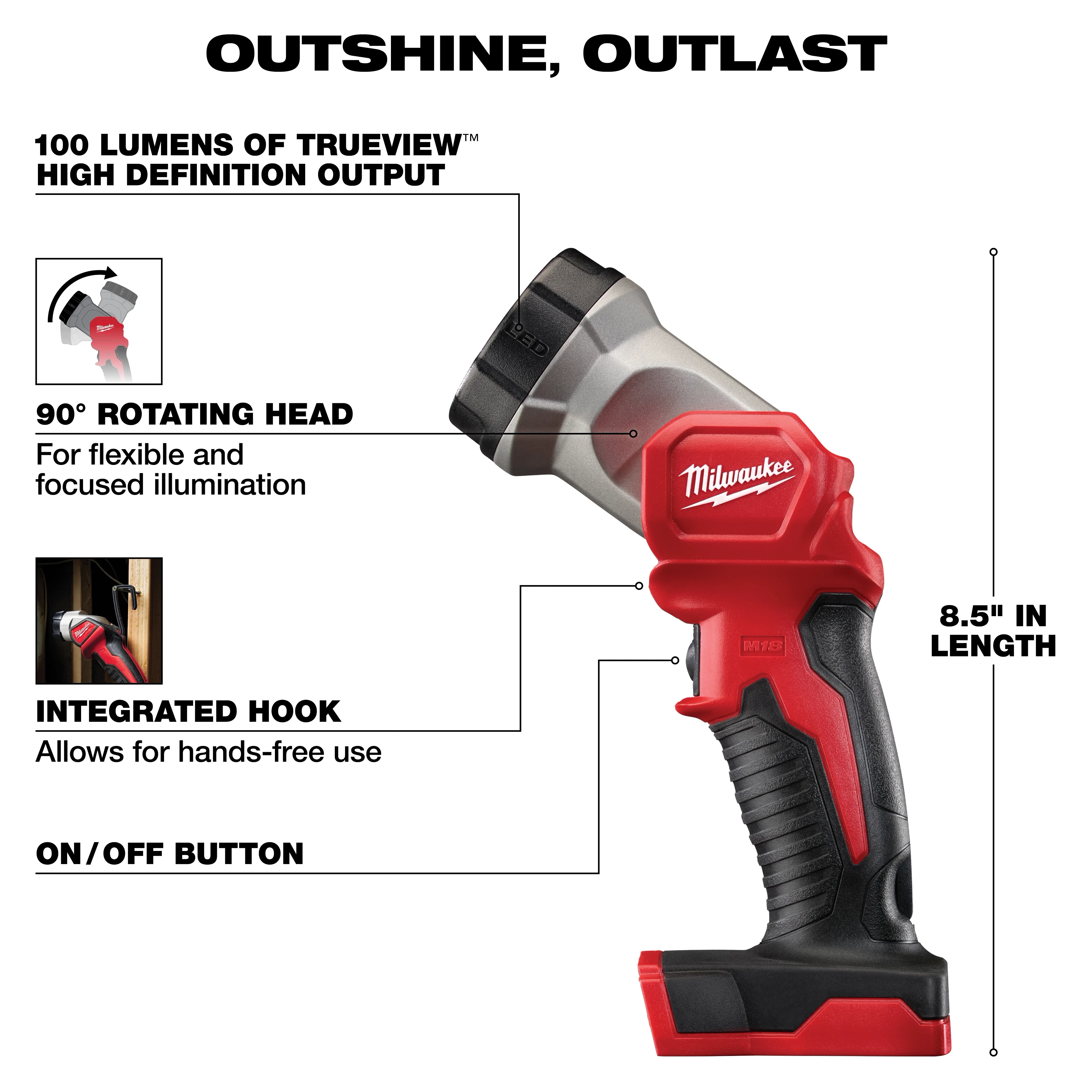 The M18 Cordless LITHIUM-ION 4-Tool Combo Kit includes a flashlight with 100 lumens of high definition output, a 90° rotating head, integrated hook, and an on/off button. The flashlight measures 8.5 inches in length and features flexible and focused illumination for hands-free use.