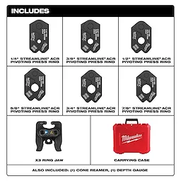 The 1/4" - 7/8" Streamline® ACR Pivoting Press Ring Kit for M12™ FORCE LOGIC™ Press Tool includes seven press rings (sizes 1/4" to 7/8"), X3 Ring Jaw, a red Milwaukee carrying case, one cone reamer, and one depth gauge.
