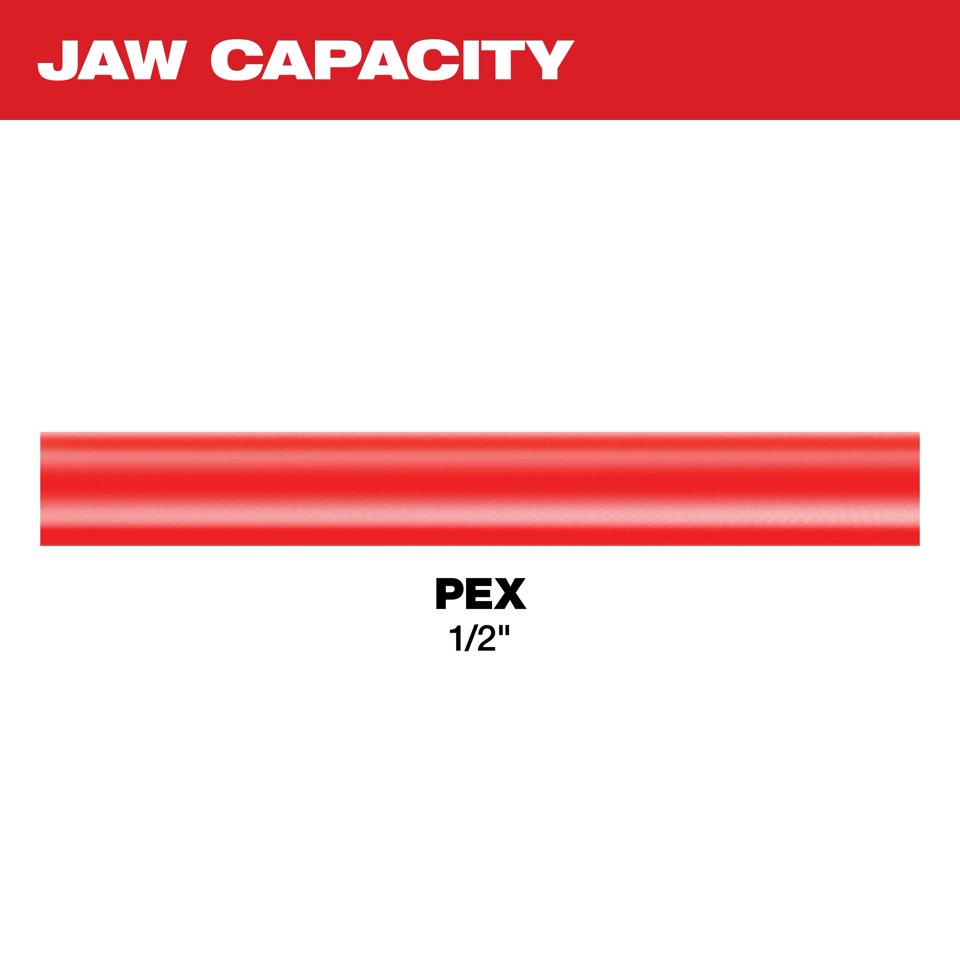 Milwaukee jaw capacity image showing a 1/2" red PEX pipe segment against a white background with red header text.