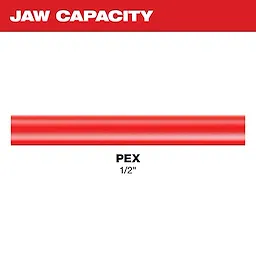 Milwaukee jaw capacity image showing a 1/2" red PEX pipe segment against a white background with red header text.