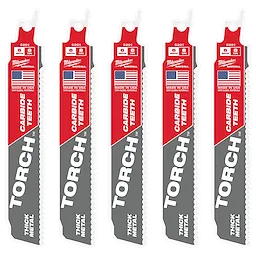 Five TORCH™ with Carbide Teeth SAWZALL® Blades are shown side by side. Each blade is 6 inches long with 8 teeth per inch (TPI), designed for cutting thick metal. The blades have red and gray labeling, and the "Made in USA" flag is visible on each blade.