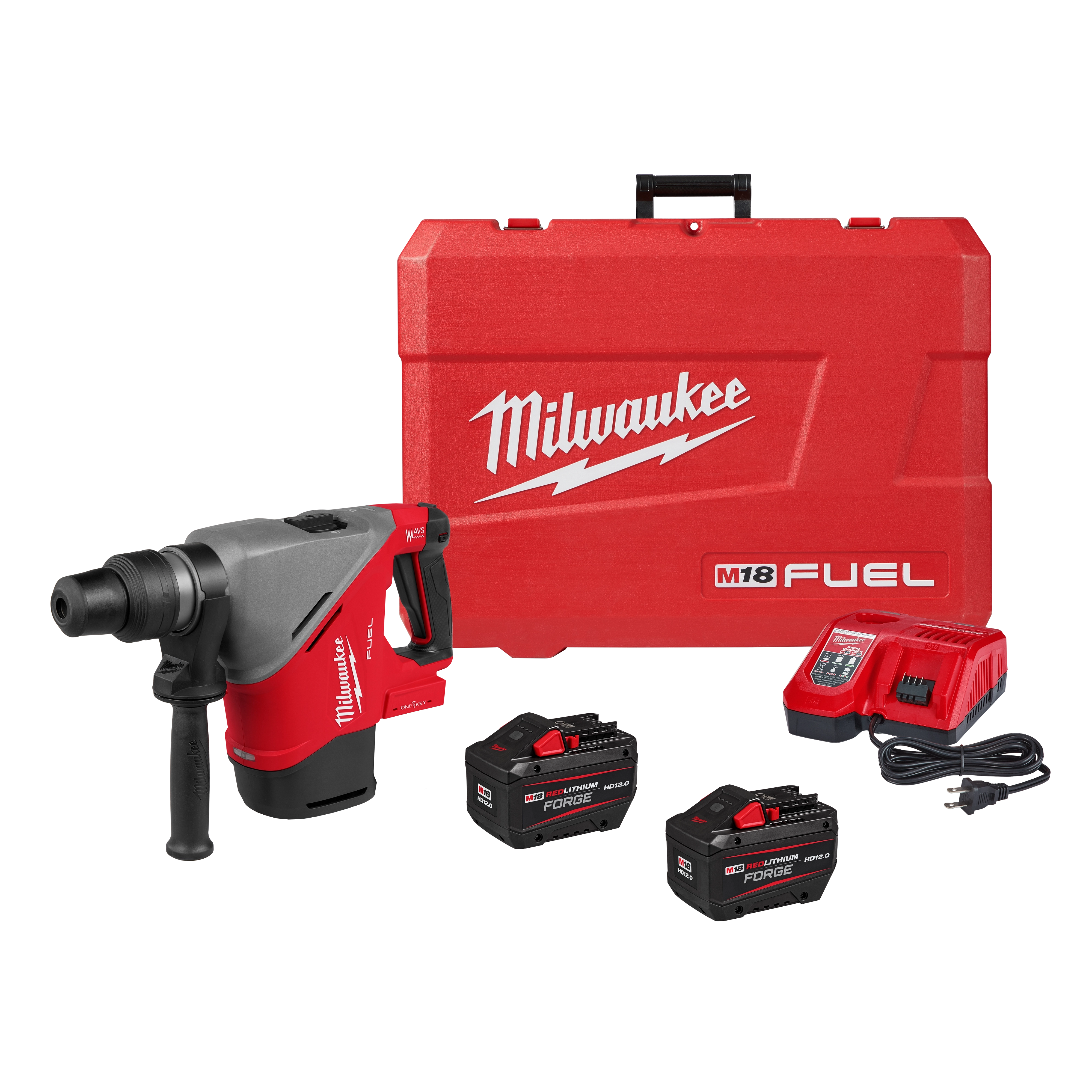 The M18 FUEL™ 1-9/16" SDS Max Rotary Hammer w/ ONE-KEY™ kit includes the rotary hammer, two battery packs, a charger, and a red carrying case with the Milwaukee logo.