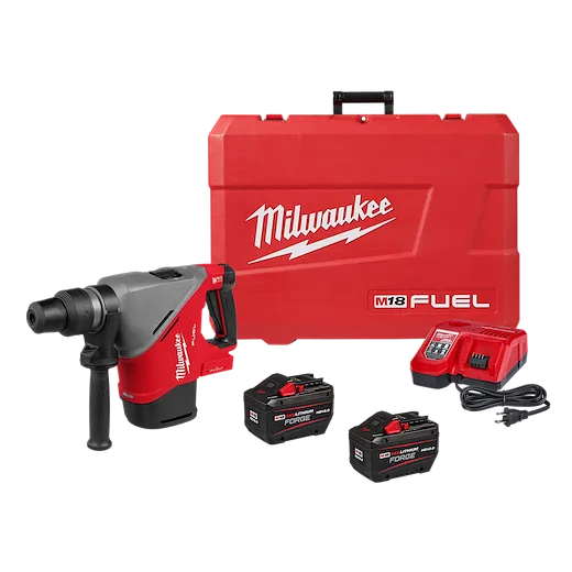 The M18 FUEL™ 1-9/16" SDS Max Rotary Hammer w/ ONE-KEY™ kit includes the rotary hammer, two battery packs, a charger, and a red carrying case with the Milwaukee logo.