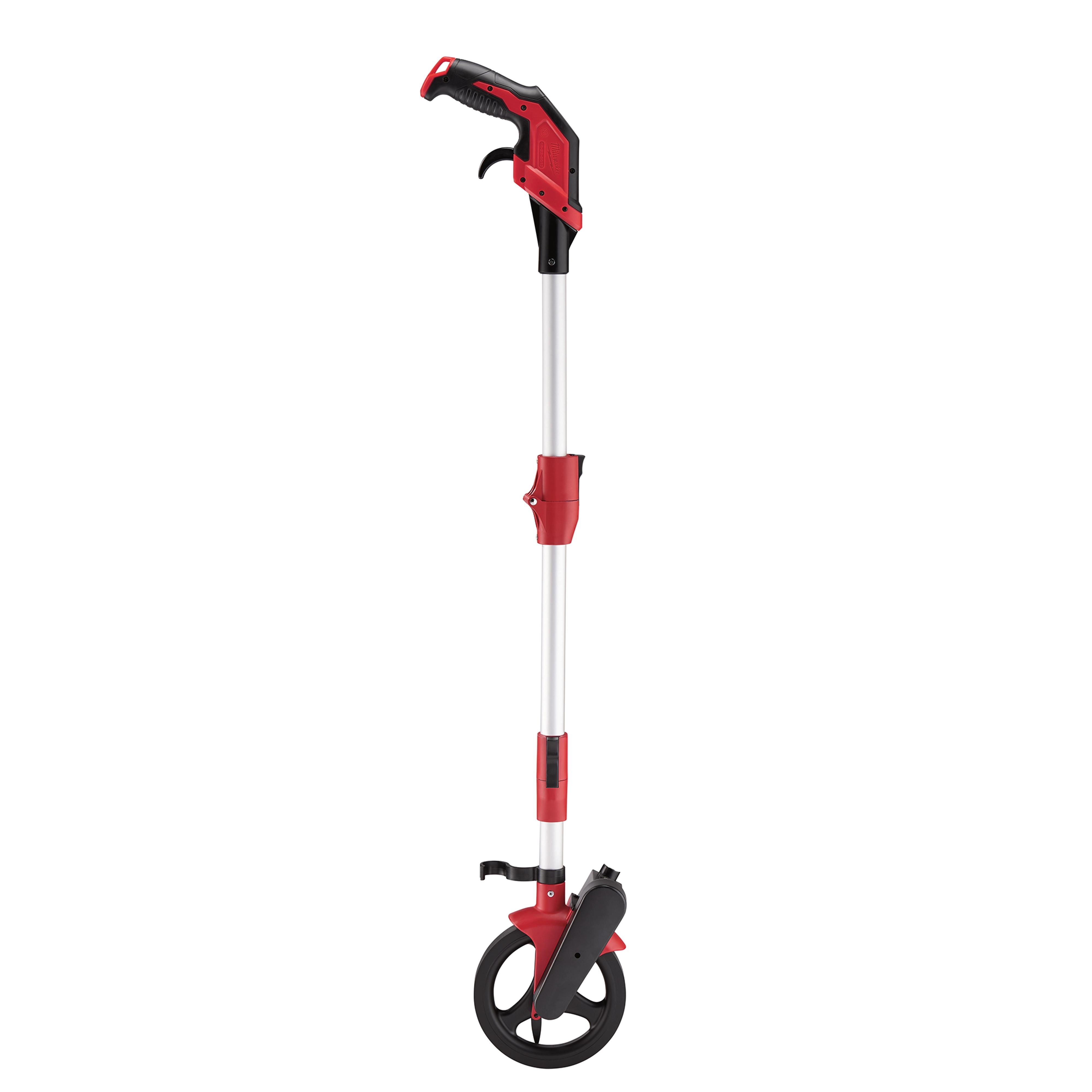 The Measuring Wheel features a black and red handle grip on a silver telescopic rod connected to a black rubber wheel.