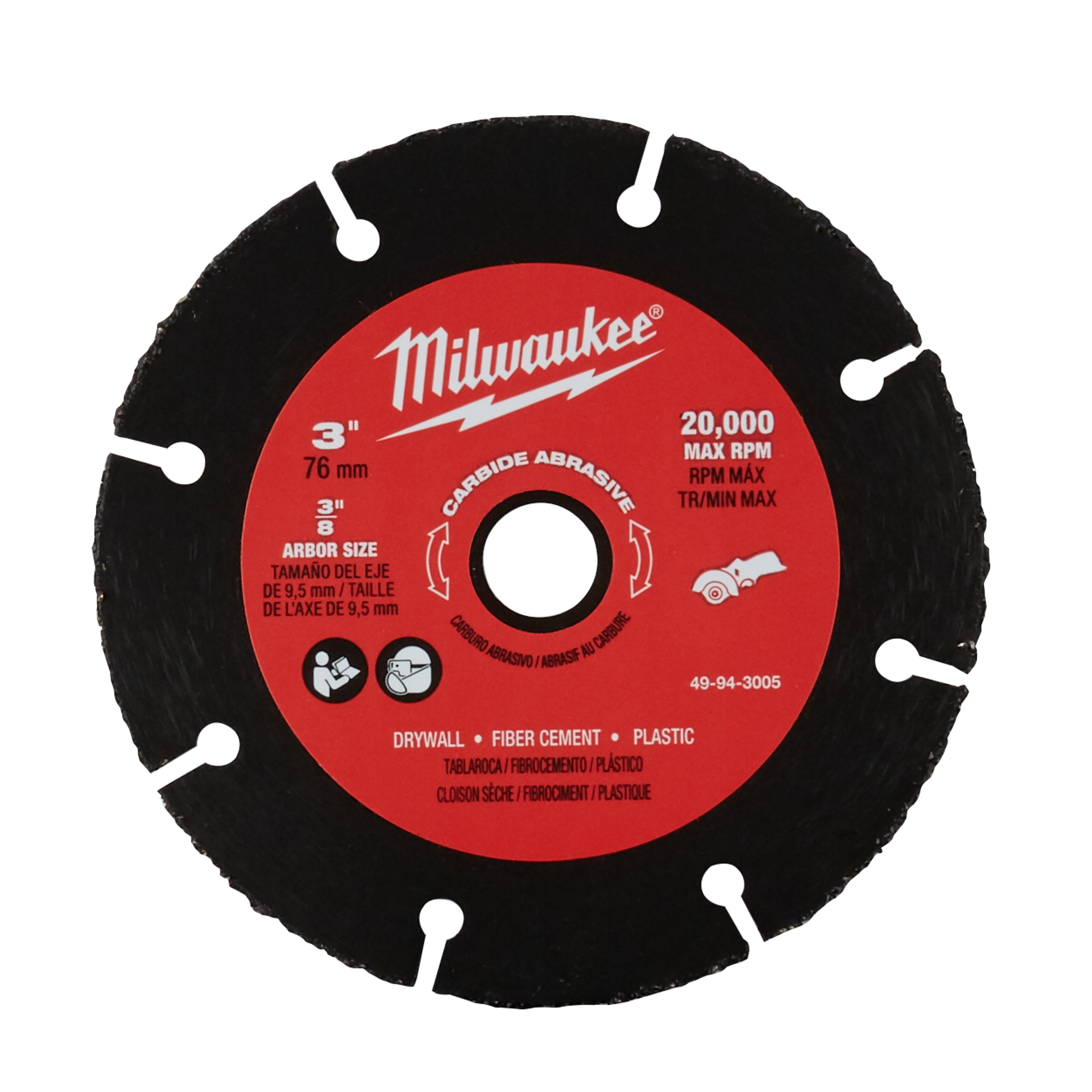 The 3" Carbide Abrasive Cut-Off Blade by Milwaukee features a maximum RPM of 20,000. It is compatible with 3/8" arbor size and is designed for cutting drywall, fiber cement, and plastic. The blade has a black edge and a red center with specifications and safety icons.