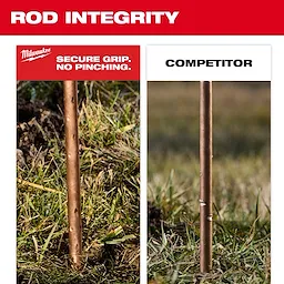 Side Load Ground Rod Driver comparison image shows secure grip with undamaged rod on the left and damaged competitor rod on the right.
