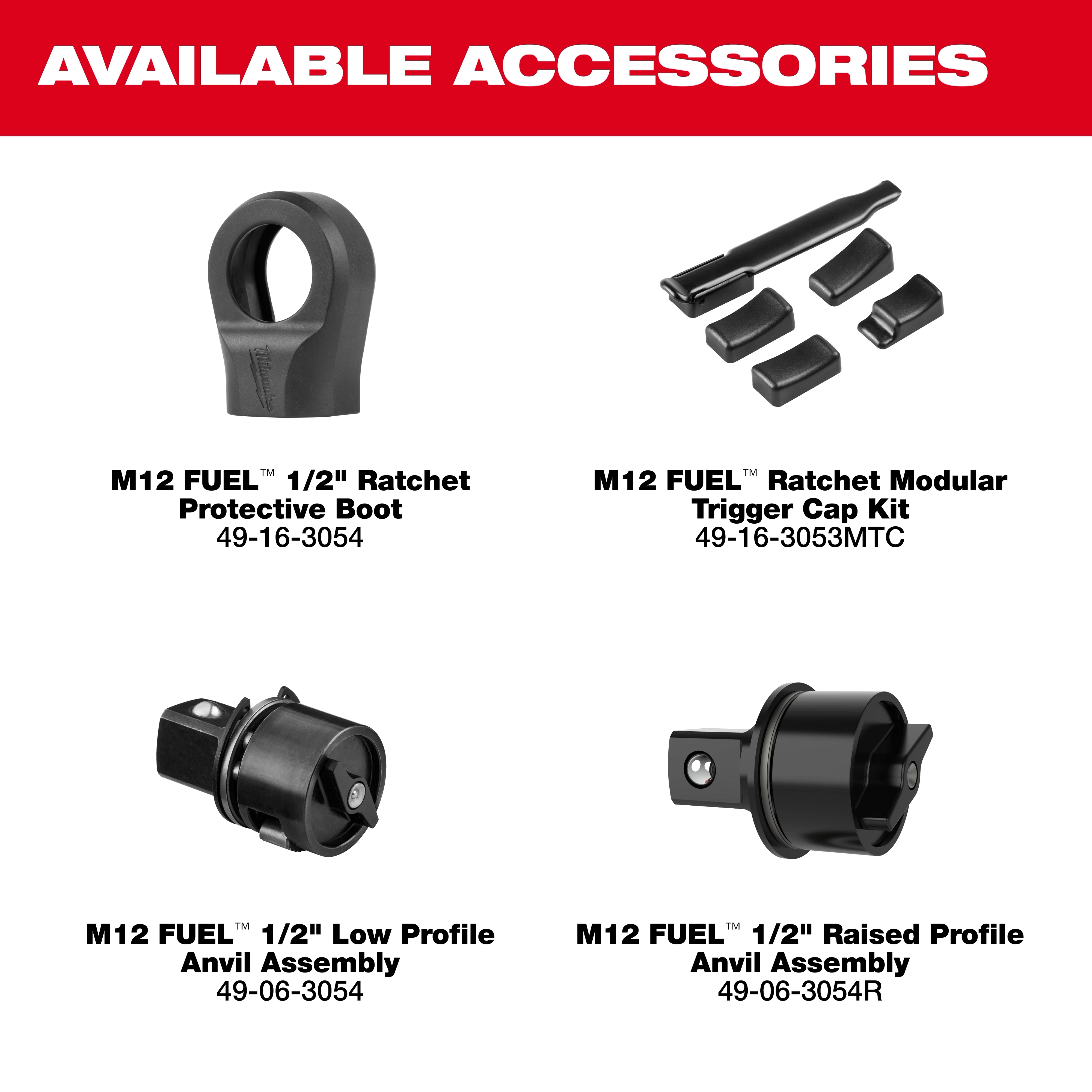 M12 FUEL 1/2" Ratchet and M12 FUEL 1/2" Ratchet Kit accessories displayed in four labeled sections
