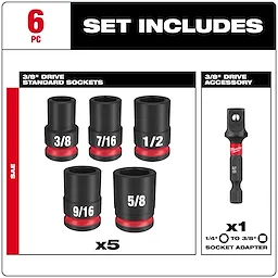 Milwaukee 6-piece set includes 5 standard sockets (3/8", 7/16", 1/2", 9/16", 5/8") and a 3/8" drive accessory socket adapter for 1/4" to 3/8" connections. Each socket is black with a red ring at the base.