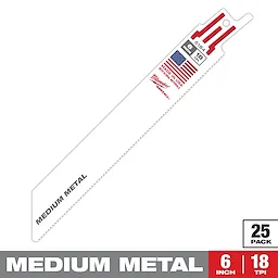 Sawzall Bi-Metal Carbide blade for cutting medium metal. Blade is six inches long with 18 teeth per inch (TPI). Label shows "Made in USA" with an American flag. Pack of 25 blades indicated in lower right. Brand name and specifications printed in red and gray on the blade.