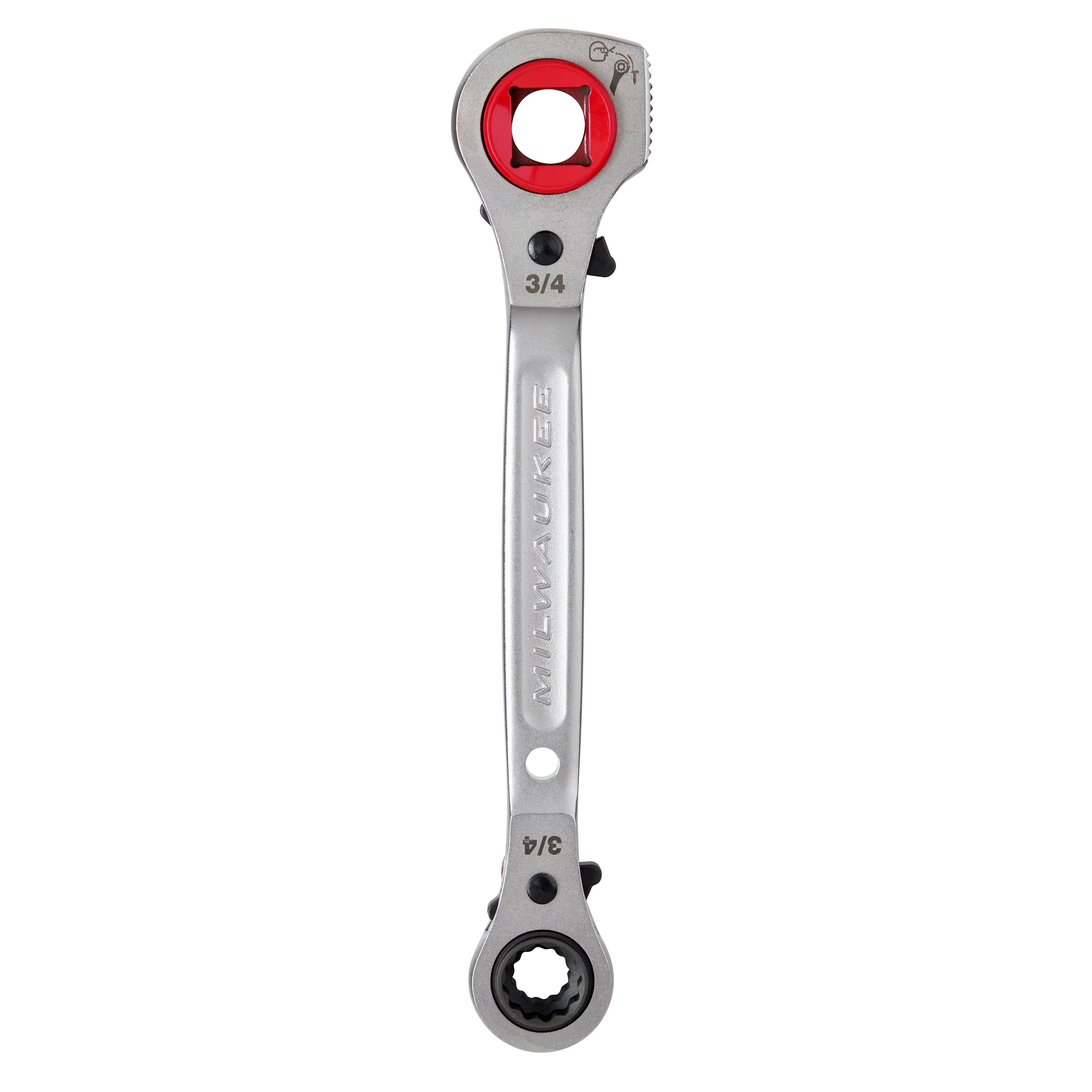Milwaukee Lineman's 5IN1 Ratcheting Wrench with Milled Strike Face displays two sockets, 3/4 and 9/16 sizes, with red and black accents.