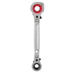 Milwaukee Lineman's 5IN1 Ratcheting Wrench with Milled Strike Face displays two sockets, 3/4 and 9/16 sizes, with red and black accents.