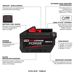 M18 REDLITHIUM FORGE HD12.0 Battery Pack with REDLINK intelligence, battery fuel gauge, rubber overmold, and extreme cold weather performance.