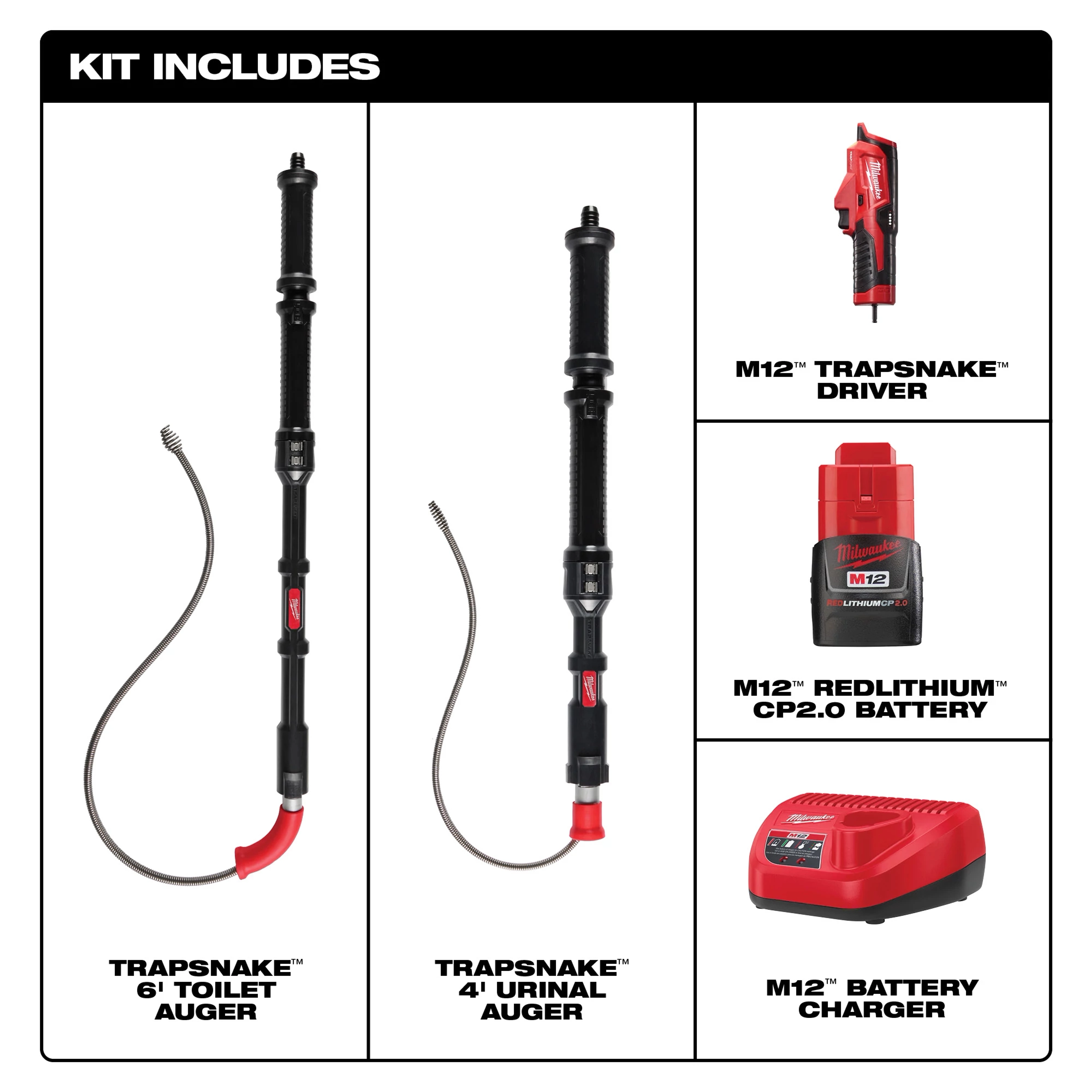 M12 TRAPSNAKE™ 6’ Toilet Auger & 4’ Urinal Auger Kit