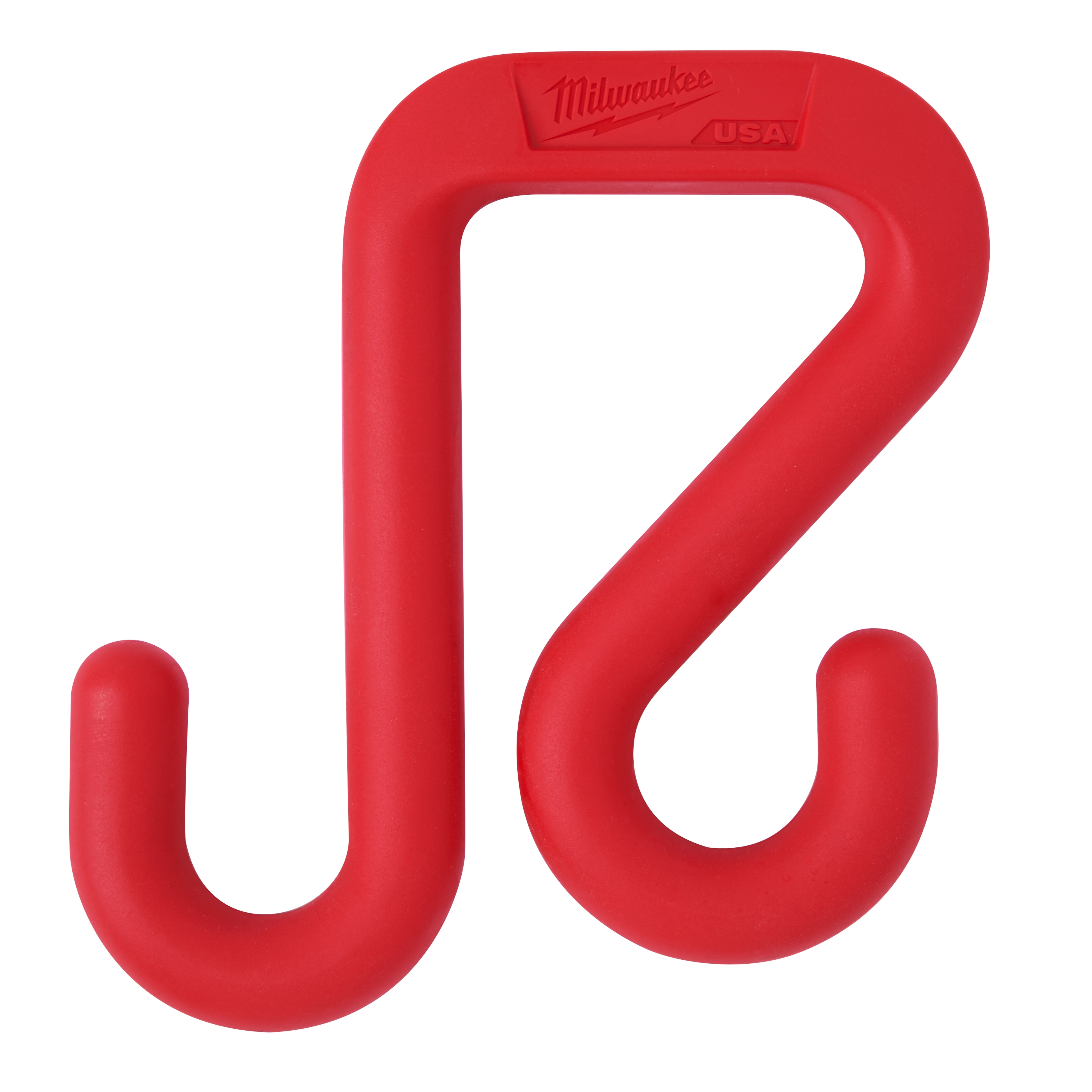 2" Bucket Hook is a red S-shaped utility hook made of sturdy plastic, used for hanging tools, buckets, or other items.