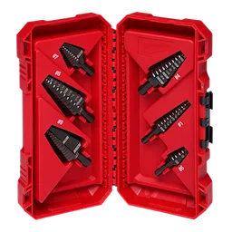 6PC Step Drill Bit Set in a red hard plastic case, holding six black step drill bits of different sizes, labeled #1 to #9.