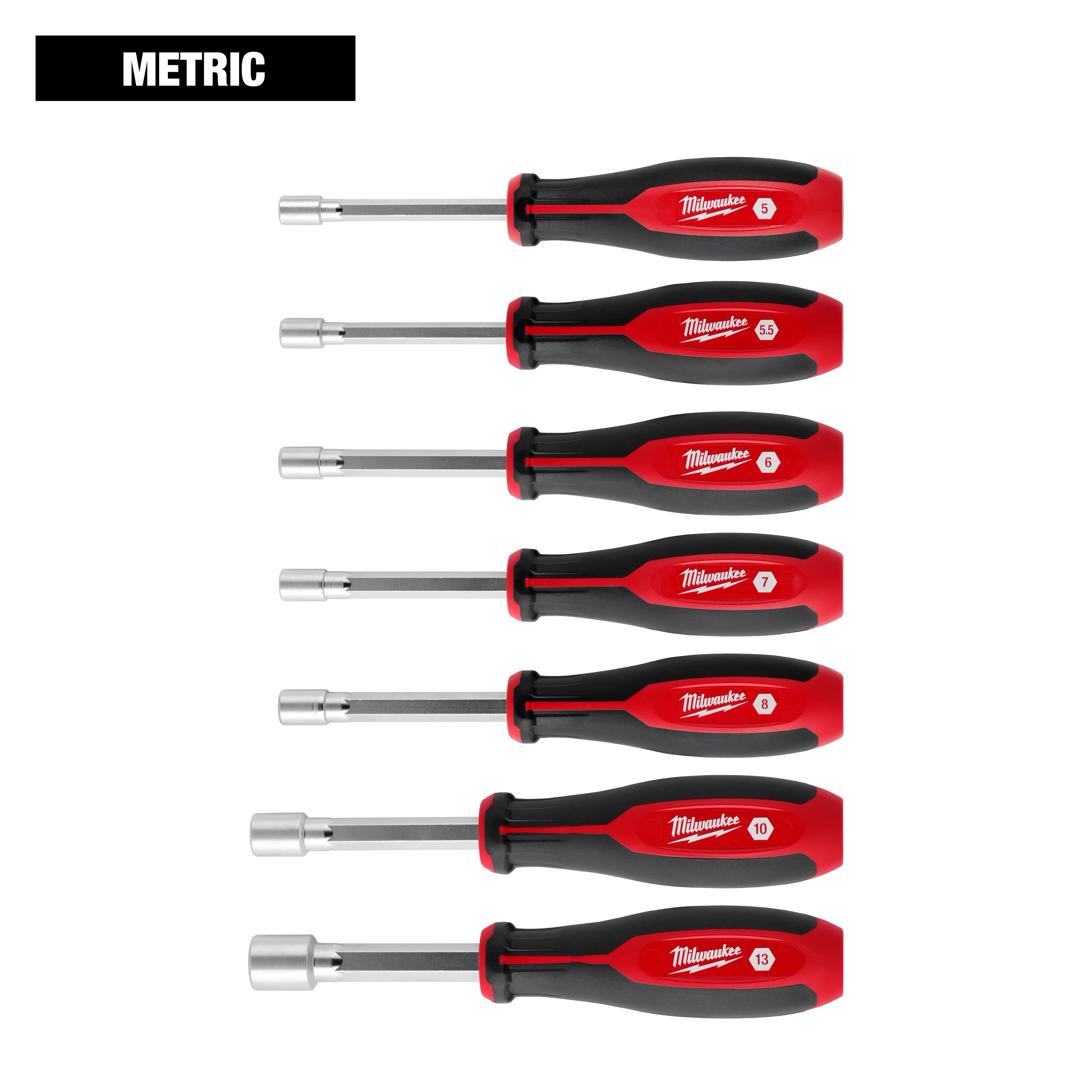 7pc Metric HollowCore Nut Driver Set with red and black handles arranged in a line, featuring sizes from 5mm to 13mm.